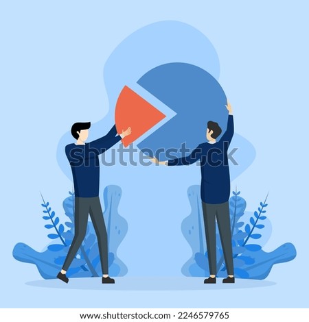 market distribution concept, businessman holding part of a pie chart metaphor holding stock shares, Company shareholder, investor or owner holding a percentage or the company's stock assets.