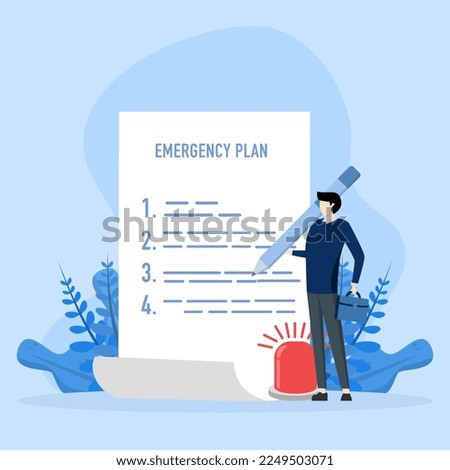 Business emergency plan concept, checklist to do in disaster, continue business and build resilience concept, smart businessman leader holding pencil with emergency plan paper flashing siren.