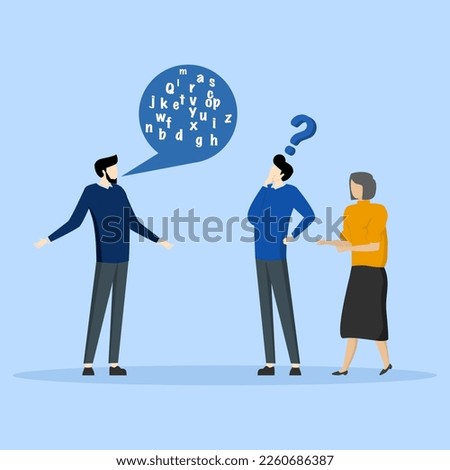 Jargon, complicated conversations, hard to explain, communicate in technical words, difficult to understand language, men speak in jargon words in speech bubble dialogues that confuse people.