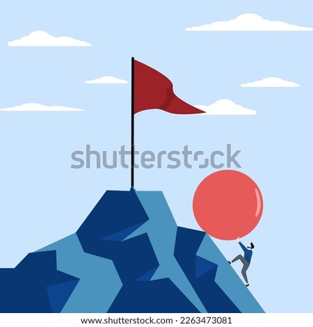 concept of hard work, burden or obstacle, business difficulty, struggle, challenge to success, motivation or persistence concept, businessman pushing rock uphill all the way to the top of the mountain