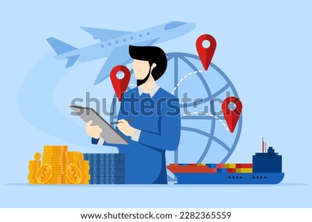 Import and export concept of shipping goods by sea or air transportation. International logistics, cargo shipping. World trade. Businessmen sell goods and services around the world. World partnership