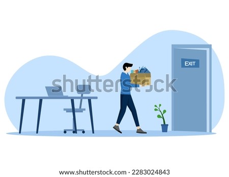 The concept of dismissal, layoffs, crisis, reducing employee work, unhappy men are stopped from work, replacing employees leave the office with goods in the box. Dismissal of workers' unemployment.