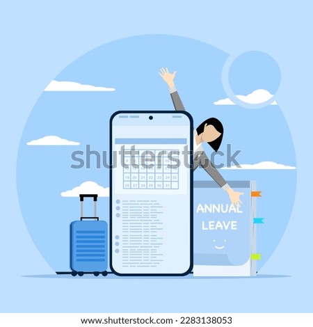 Time reminder concept or annual leave schedule, annual leave, holiday or vacation to rest and relax from hard work, happy businessman walking with luggage from calendar with annual leave notes.
