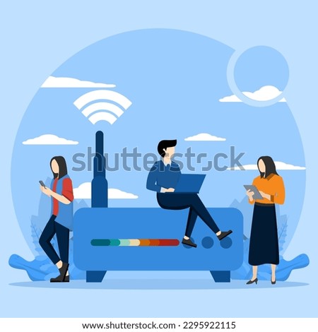 internet connection using concept, Two people with wifi router, Man and woman in casual dress using internet connection. Flat design vector illustration on blue background.
