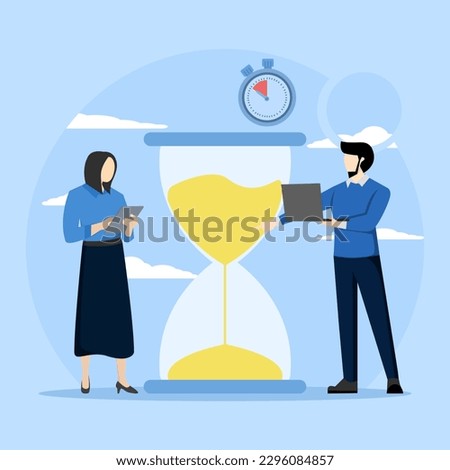 concept of time management, discipline, completing tasks, waiting for business, two people with hourglass standing patiently watching time pass. Flat design vector illustration on white background