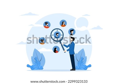 advertising focus group concept, customer centric marketing strategy to design products and services, UX user experience, entrepreneur with magnifying glass focus on customers, users or people.