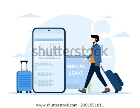 Annual leave concept, day off or vacation to rest and relax from hard work, time reminder, happy businessman walking with luggage from calendar with notes on annual leave.