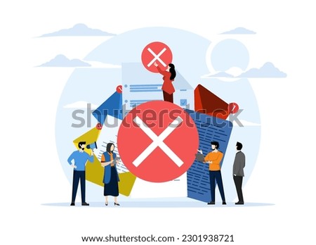 Envelope concept with rejected letter, unsubscribe, delete mail, spam, College refused acceptance or job for web, banner, presentation, document, card, poster. Vector flat illustration