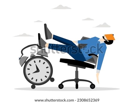 Night slump, boredom and sleepy work concept, laziness and delay of work to be done later, sleeping businessman lying on office chair and alarm clock covering his face with book.