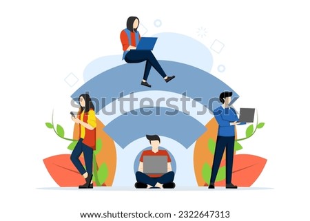 public free wireless connection Wi-Fi wireless point, For mobile user interface, digital data stream transmission over radio channel vector, flat vector illustration on a white background.