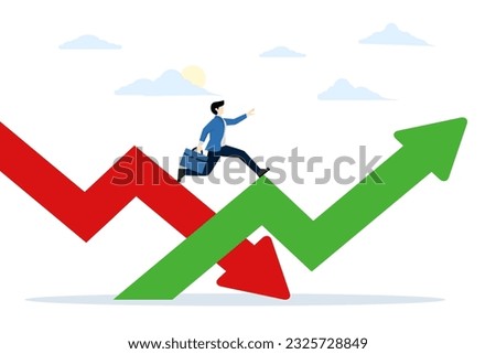 facing a downturn in the stock market or Bear Market. Economic volatility. Recovering from the stock market crash. adapt. businessman jumping from red arrow up. flat vector illustration.