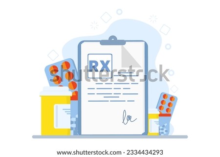 Medicine and pharmacy concept, healthcare, online prescription, disease therapy pills, painkillers. Doctor writing signature. doctor's prescription Rx. Vector illustration in flat design
