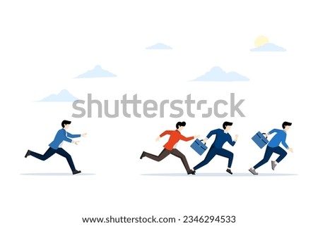 the concept of rivalry or competition in business, a group of people compete with other business people, overcome obstacles, fall behind catch them, flat vector illustration on a white background.
