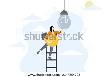 concept of change to new innovation, transformation to new business, solution to replace old model with bright technology, successful entrepreneur leader climbing ladder to change light bulb idea.