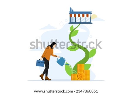 concept develop your shop and earn more profit, expand shop front or grow business, marketing to promote store revenue increase, businessman pouring water for growing plants with flowers big shop shop