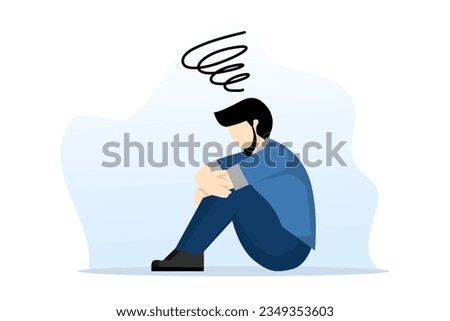 Regretting business mistake, frustration or depression, stupidity or stupidity of losing all money, stress and anxiety at failure concept, frustrated businessman sitting on floor and hugging knees.