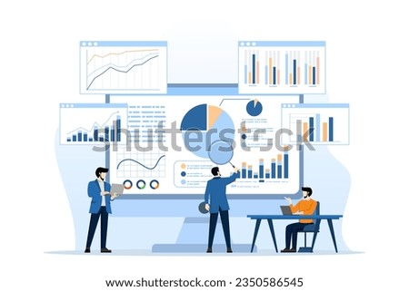 analytics and monitoring concept, business team on web reporting dashboard monitoring, and data analysis research for business financial planning. flat vector illustration design on white background.