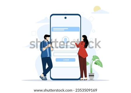 Flat vector developer team setup for user login app with mobile concept, online login form, login page. User profile, access to account concept. Flat vector illustration on a white background.