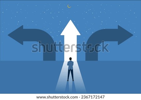 Businessman must choose between three different options indicated by arrows pointing in opposite directions concept, Choosing the right path. Choices and decisions, path selection dilemmas.