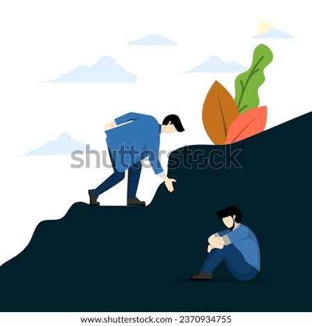 Concept of support for those experiencing stress, a young man extends his helping hand to others in a state of depression, light and dark side vector, flat vector illustration on a white background.