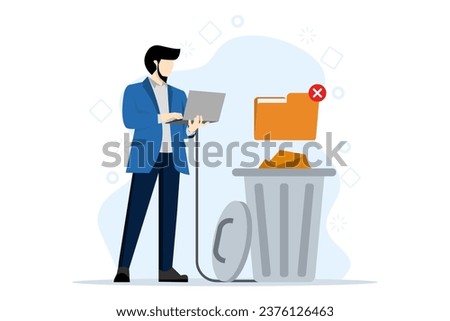 Concept of deleting files, cleaning computer, deleting processes. A man deletes files from a laptop to the trash. The user deletes the folder with documents to the trash. Flat vector illustration.