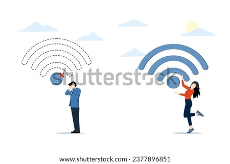 Concept of Free wi-fi Hotspot, wi-fi bar, public internet access area, internet addiction, one person is surprised by the lack of internet, the second person rejoices at the availability of free wifi.