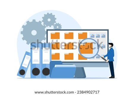 File manager and data storage concept. file management administration, data archiving concept, folder, gallery, administration. Employees search and index file documents. vector flat illustration.