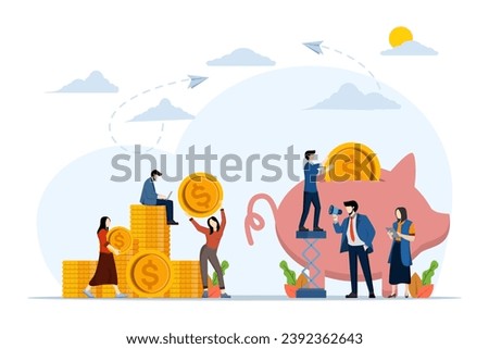 Big piggy bank in the shape of a piglet on a white background, financial services, little banker involved in work, saving or collecting money, coin box with falling, Vector flat illustration.