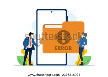 Error and warning concept of damaged or corrupted files. People checking damaged file error warning, Computer diagnostics and digital technology, isolated flat vector illustration.