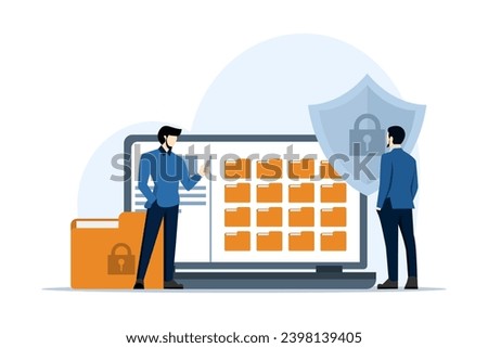 Data protection concept, file security and access rights, Folder, folder and shield with lock icon, Data Privacy, Consent Management, Personal Data Protection, modern flat design graphic element.