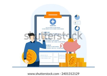 Health insurance concept explained through attractive visuals of co-pay, coverage, and deductible themes, featuring characters interacting with financial elements, flat vector illustration.