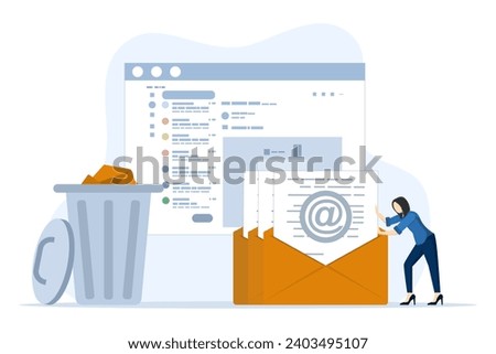 Concept of junk internet messages in mailbox, phishing emails and advertising letters. business character who takes spam emails to the trash. flat vector illustration on white background.