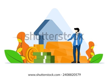 Gold investment concept. Successful investor or businessman standing next to a pile of gold bars. Financial literacy, goal setting. dollars and coins were exchanged for piles of gold bullion.