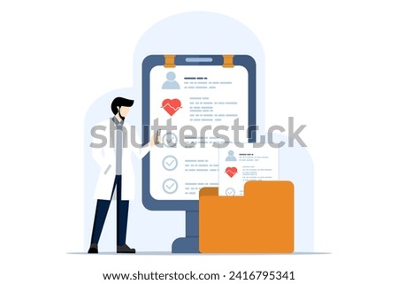 Concept of electronic health records and online medical services. Doctor in hospital reading patient's EMR. Patients carry out online consultations with specialist doctors. Vector illustration.