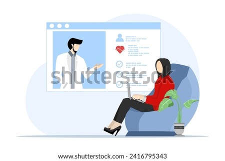 Concept of electronic health records and online medical services. Doctor in hospital reading patient's EMR. Patients carry out online consultations with specialist doctors. Vector illustration.