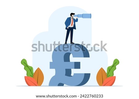 UK economic investment opportunities, UK, economic vision after Brexit deal, finding financial profit concept, businessman looking through telescope to see future vision. flat vector illustration.