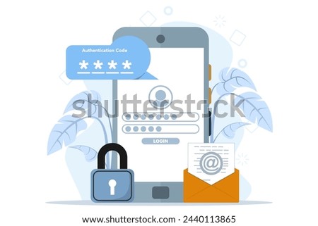 2 step authentication concept. secure login, password verification or sms with push code message on smart phone or desktop pc computer for site, flat vector illustration on background.