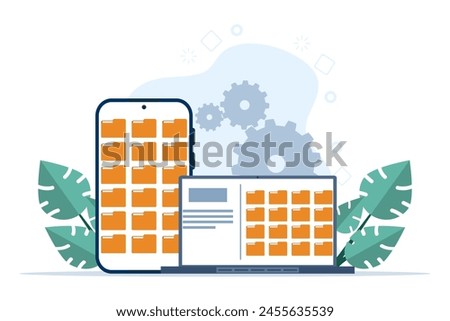 File management concept, Data storage, Folders, documents and media content, search or save files on smartphone or laptop, Modern flat cartoon style, Vector illustration on background.