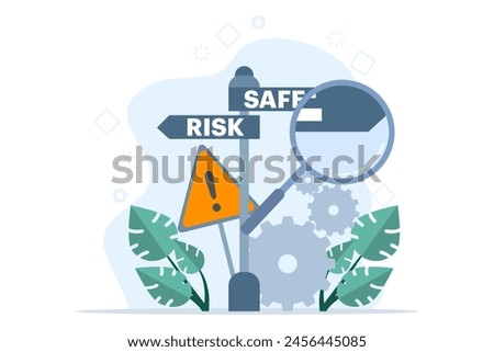 risk Management concept, magnifying glass for making decisions and choices. Way of life and career. choose the risk or security path. Smart people think to choose the right path. vector illustration.
