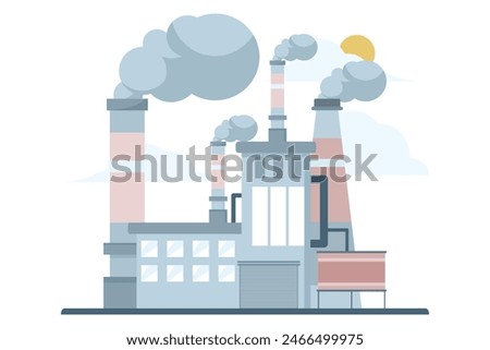 air pollution concept, factory with polluting CO2 cloud smoke isolated on white co2 dioxide emission production from factory symbol, air quality damage, flat vector illustration on white background.