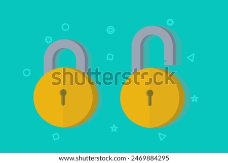 Unlock and close lock icon. Security, encryption, protection, privacy, data access. Locks are locked and unlocked. Two yellow padlocks with keyholes, padlock shape illustration, flat cartoon design.