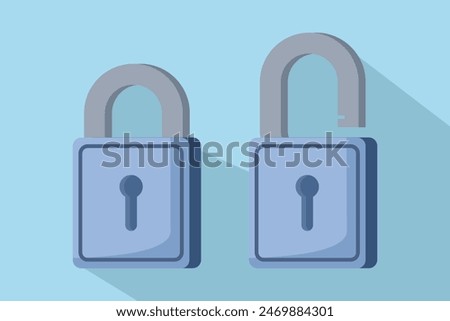 Unlock and close lock icon. Security, encryption, protection, privacy, data access. Locks are locked and unlocked. Two yellow padlocks with keyholes, padlock shape illustration, flat cartoon design.