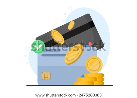 Concept of successful payment via bank debit card icon vector graphic illustration, money payment received to electronic wallet, verified check mark cash transaction image clip art.