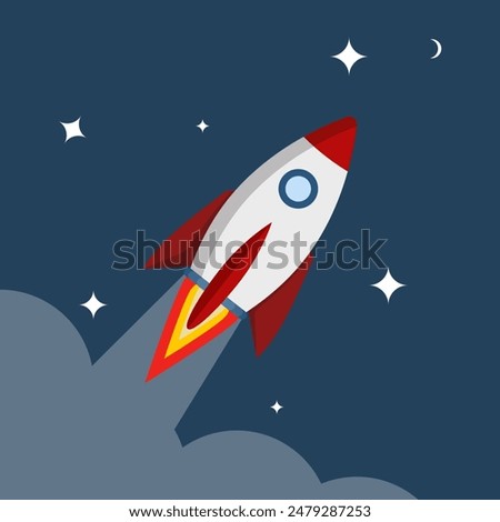 Rocket spaceship concept in flat style. space rocket launch, technology development innovation space rocket symbol, business launch perfect idea startup symbol space shuttle rocket planet icon.