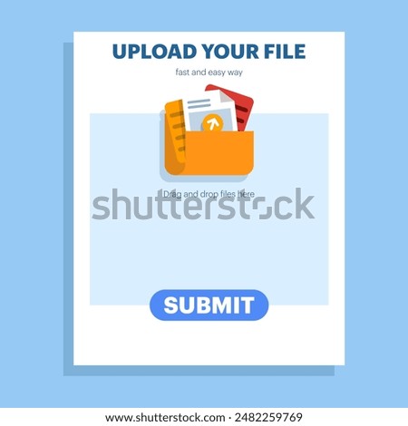 concept of Uploading office files in flat style. Uploading office document icon. File upload tasks for business and presentations, Documents from computer folders, business archives. Job files.