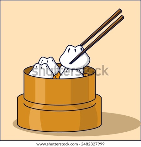 Dim Sum Icon Concept With Vector Cartoon Chopsticks. Asian food. Cute cartoon dim sum in wooden box with chopsticks. traditional Chinese dumplings. Flat Cartoon Style Vector Food Object Icon Concept.