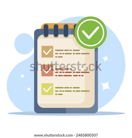 Completed task concept with check mark, all tasks have been completed, checklist work check, questionnaire or project evaluation, elements and modern for app or web. flat design vector illustration.