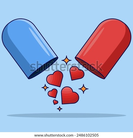 Capsule medicine concept, Open Capsule with Heart Symbol Vector Illustration. open pill capsule, pellets falling from capsule, pill composition, Medical Design Concept.