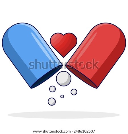 Capsule medicine concept, Open Capsule with Heart Symbol Vector Illustration. open pill capsule, pellets falling from capsule, pill composition, Medical Design Concept.