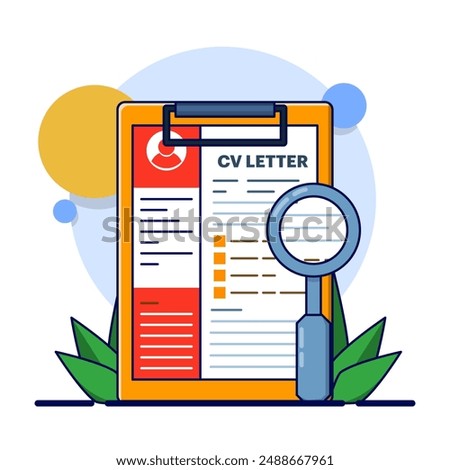 Job Recruitment Concept, Cv on Clipboard with Magnifying Glass. Corporate jobs, looking for qualified candidates. magnifying glass CV data on clipboard, selecting recruitment for interview.